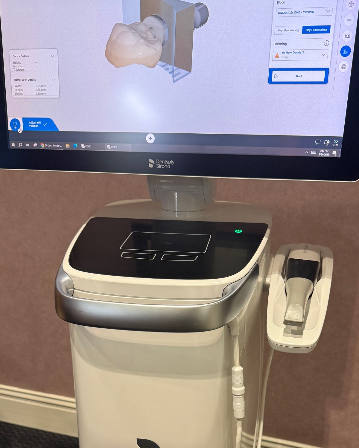 Primescan digital intraoral scanner with a crown design on screen
